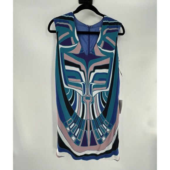 P Nicole Miller Artelier Blue Tribal Geometric Print Mini Sheath Dress Sz Petite - Picture 2 of 16